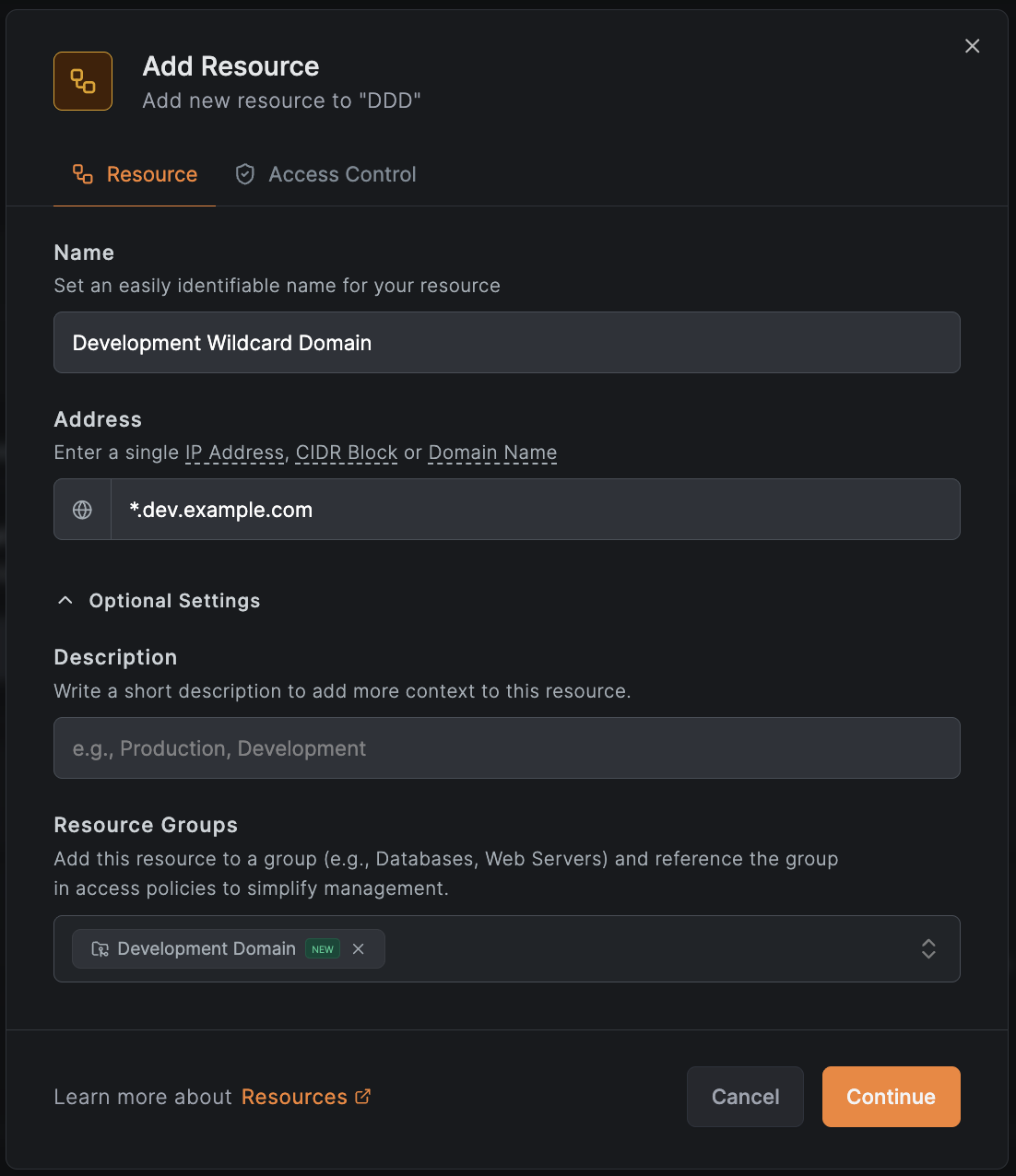 Add Development Wildcard Resource